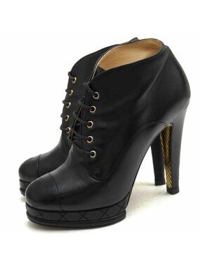 Chanel Booties Short Boots Shoes Women Leather Black Coco Mark